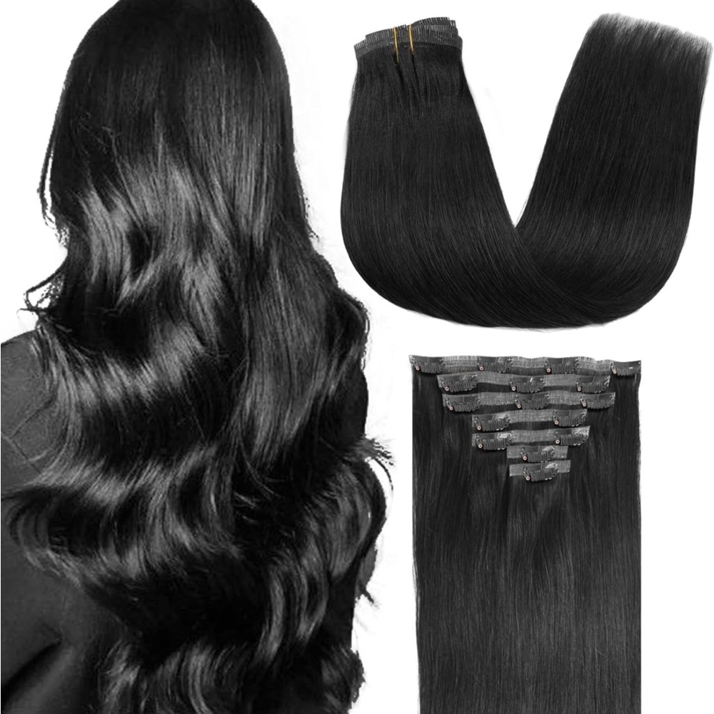 20” Clip in Hair Extensions Real Human Hair 7 pcs Black Double Stitched Seamless